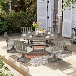 7-Piece Aluminum Outdoor Dining Set with Beige Sunbrella Cushions, Round Dining Table, 6 Swivel Dining Chairs