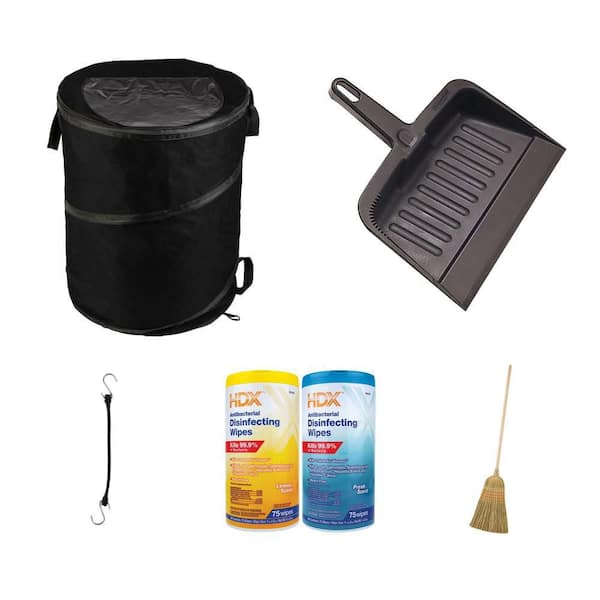 46 Gal. Outdoor Garbage Can, 12-1/4 in. Dust Pan, Rubber Straps, Disinfecting Wipes, and Corn Broom Combo (15-Packs)