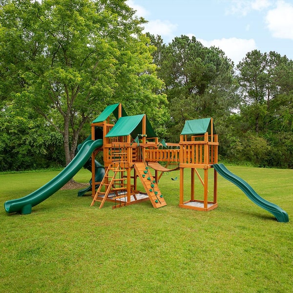 Gorilla Playsets Treasure Trove II Wooden Outdoor Playset w/ Green Vinyl Canopy, 3 Slides, Rock Wall, and Backyard Swing Set Accessories