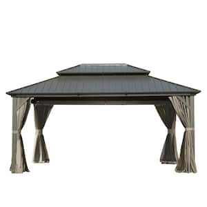 12 ft. x 16 ft. Gray Hardtop Aluminum Gazebo with Galvanized Steel Double Roof, Curtains and Netting for Patio Deck
