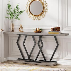 Turrella 70.9 in. Gray and Black Narrow Rectangle Wood Console Table Entryway Table with Hexagonal Metal Frame