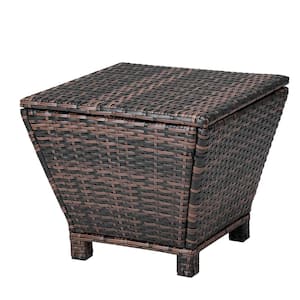 Brown Pyramid Wicker Outdoor Side Table with Storage 13 Gallon Deck Storage Box Wicker End Table