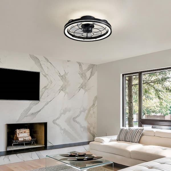 19 in. Indoor Black Caged Ceiling Fan with Integrated LED Light Modern Farmhouse Flush Mount Ceiling Fan