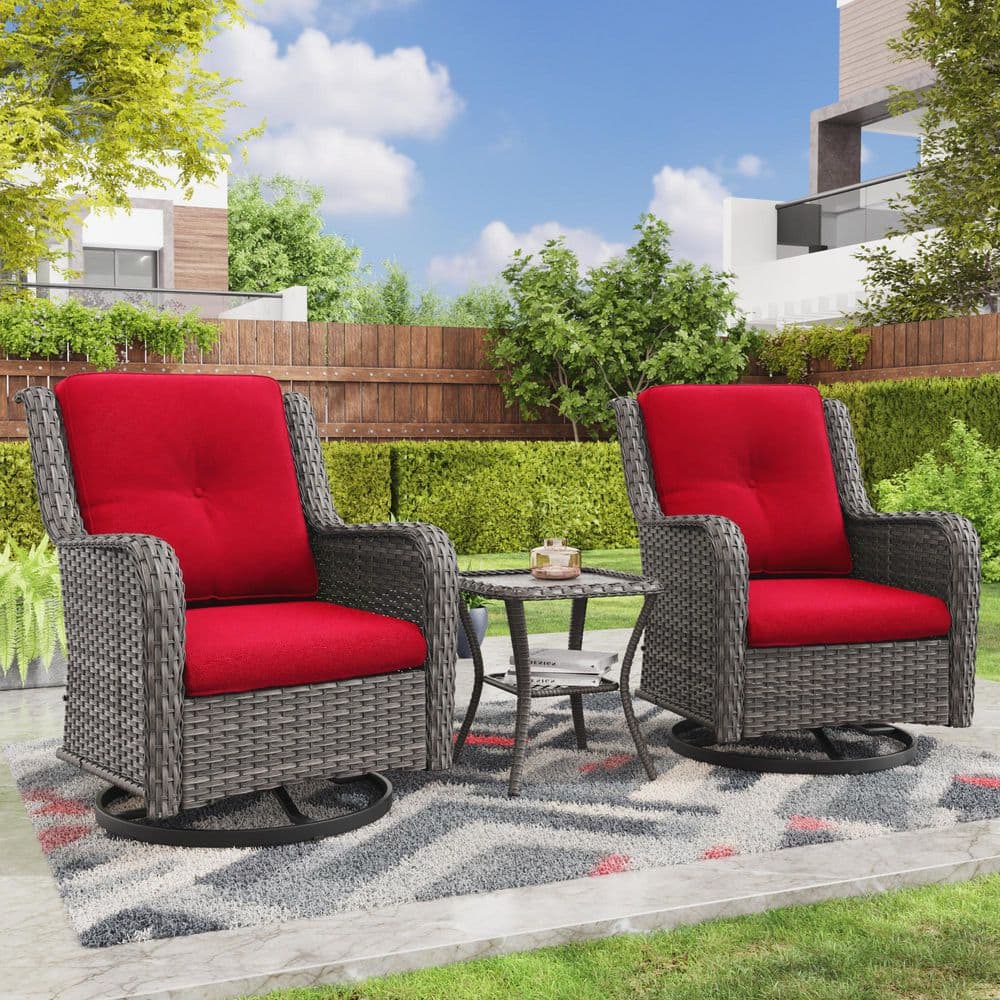 3-Piece Wicker Swivel Outdoor Rocking Chairs Patio Conversation Set with Red Cushions