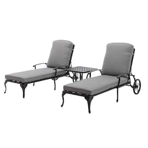 Antique Bronze 3-Piece Aluminum Adjustable Reclining Outdoor Chaise Lounge with Gray Cushions