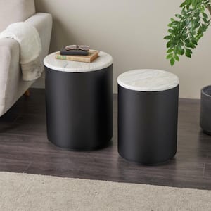15 in. Black Nesting Round Metal Coffee Table with Faux White Marble Top (2-Pieces)
