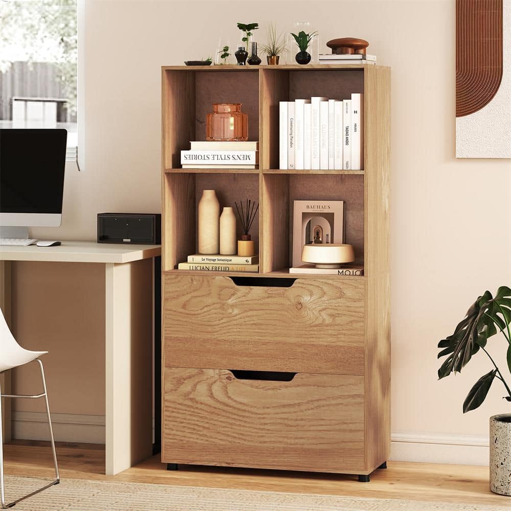 51 in. Tall Wood Bookshelf with 4 Cubes and 2 Drawers Farmhouse Bookcase Natural