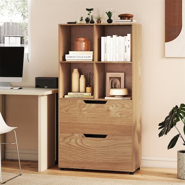 2-Piece 51 in. Tall Wood Bookshelf with 4 Cubes and 2 Drawers Farmhouse Bookcase Natural
