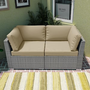 2-Piece Wicker Outdoor Patio Conversation Seating Sofa Set with Cushions Beige
