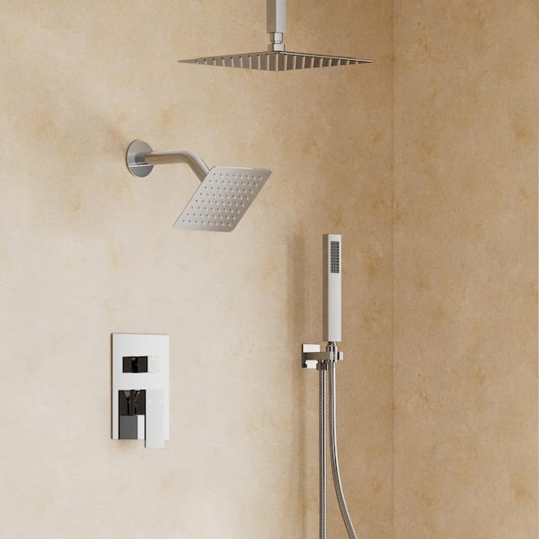 3-Spray Square Ceiling Mount 10 and 6 in. Dual and Handheld Shower Head 2.5 GPM in Chrome (Valve Included)