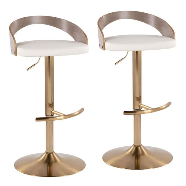 Lumisource Grotto 39 in. Gold Metal, Light Grey Wood, and White Faux Leather Adjustable Bar Stool (Set of 2)