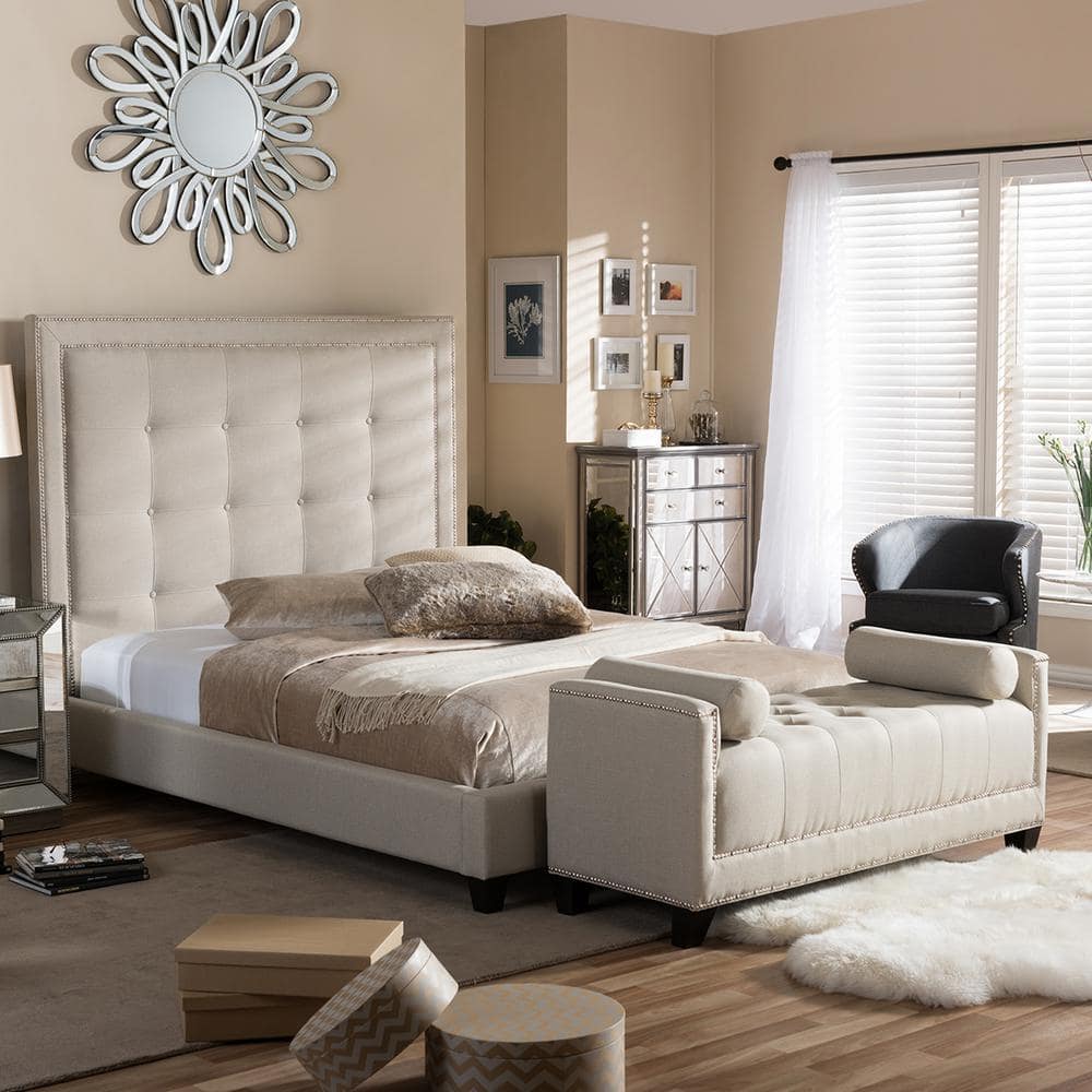 Elegant King-Sized Light Beige Linen Upholstered Bed with Nailhead Trim