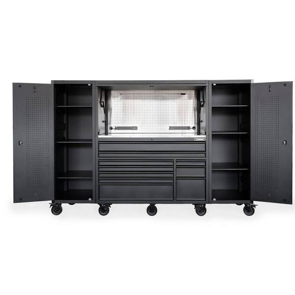 Husky 62 in. W x 24 in. D Heavy Duty 10-Drawer Mobile Workbench with Combo Hutch and 2 Tall Side Lockers in Matte Black