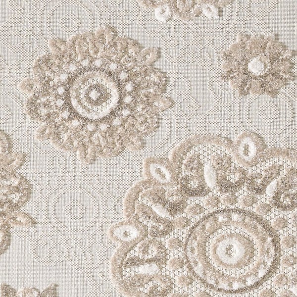 Ava Taupe 8 ft. Round Bohemian Floral Indoor/Outdoor Area Rug