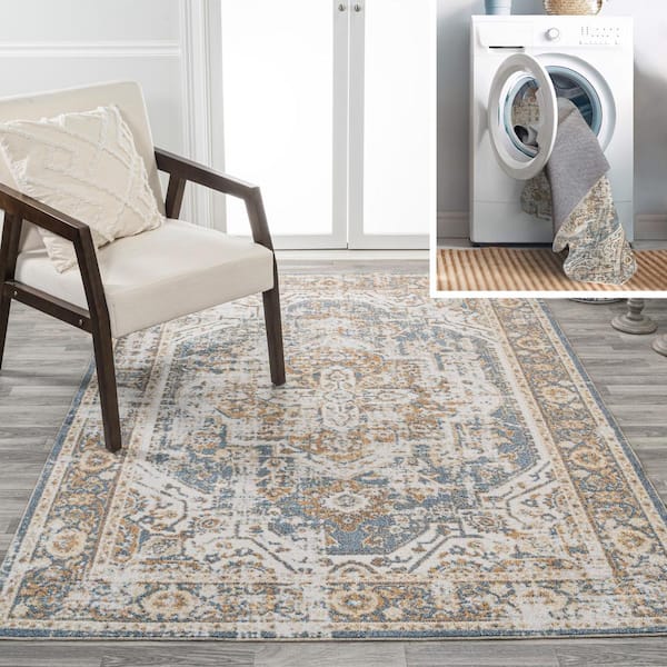 JONATHAN Y Keesha Bold Blue/Cream 3 ft. x 5 ft. Distressed Medallion Low-Pile Machine-Washable Area Rug