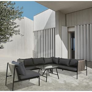 Black Frame 5-Piece Wicker Outdoor Sectional Set with Dark Gray Cushions and Table