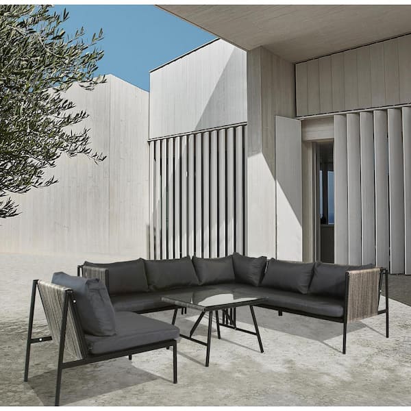 PARASOLAR Black Frame 5-Piece Wicker Outdoor Sectional Set with Dark Gray Cushions and Table