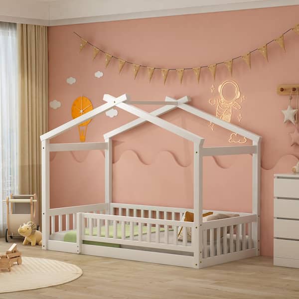 Harper & Bright Designs White Twin Size Wood House Bed with Fence Guardrails