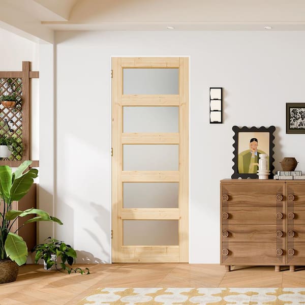 28 in. x 80 in. 5 Lite Frosted Glass, Light Brown, Solid Pine Wood, DIY Painted, Assembly Required Interior Door Slab