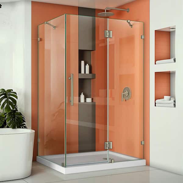 DreamLine Quatra Lux 46-3/8 in. W x 32-1/4 in. D x 72 in. H Frameless Corner Hinged Shower Enclosure in Brushed Nickel