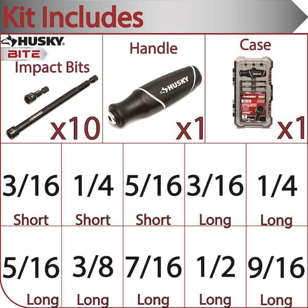Husky BITE SAE Impact Ready Interchangeable Nut Driver Set with Cushion-Grip Handle (10-Piece)