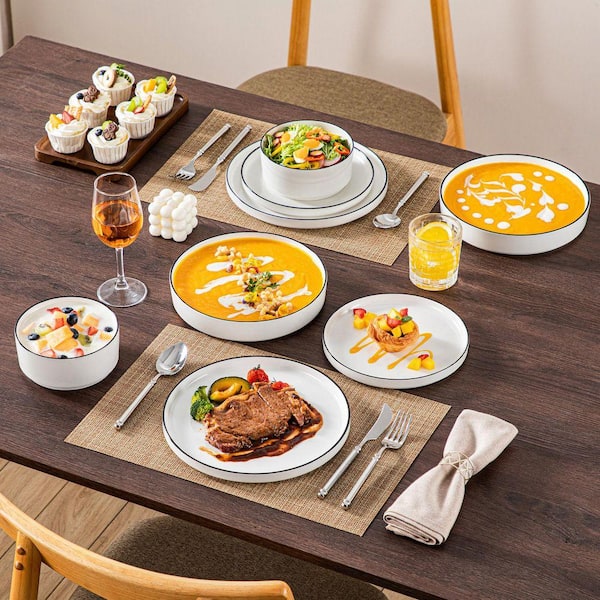 vancasso 24-Piece White Color Black Rim Porcelain Dinnerware Set