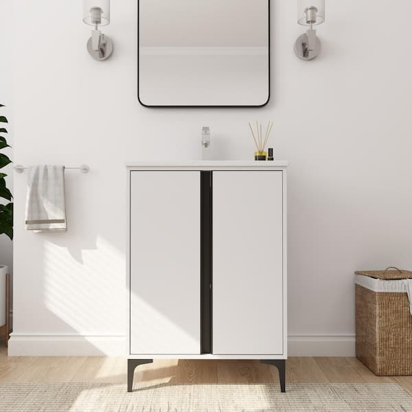 Unbranded 24 in. W x 18 in. D x 34 in. H Freestanding Bathroom Vanity in White With White Ceramic Sink