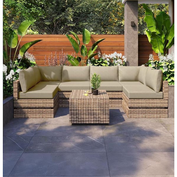 Beige 14-Piece Replacement Outdoor Lounge Chair Sectional Cushions for 6-Seat Patio Couch