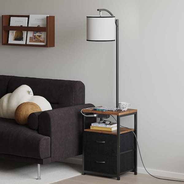 59 in. Rustic Brown Arc Floor Lamp with Table and 2 Drawers, Lamp with USB Port and Outlet, 3 Color LED Bulb Included