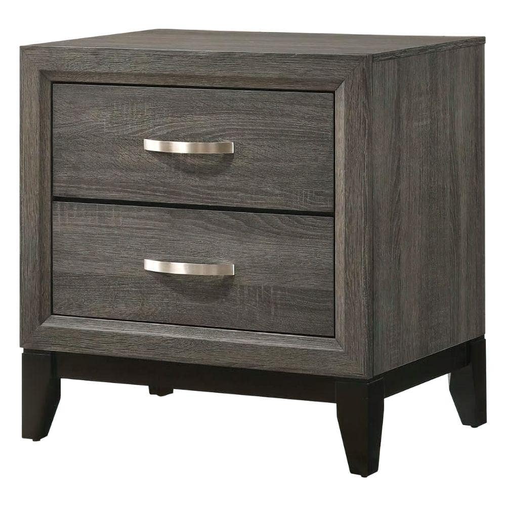 Gray Wood Grain 2 Drawer Nightstand with Metal Handles