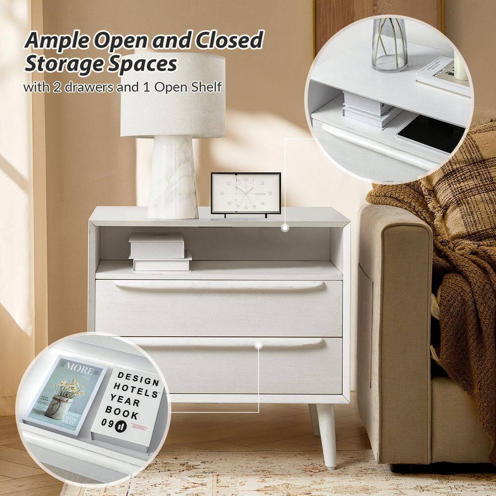 Leslie Mid-Century Modern Walnut 2-Drawer Nightstand with Built-In Outlets (Set of 2) - thumbnail 5