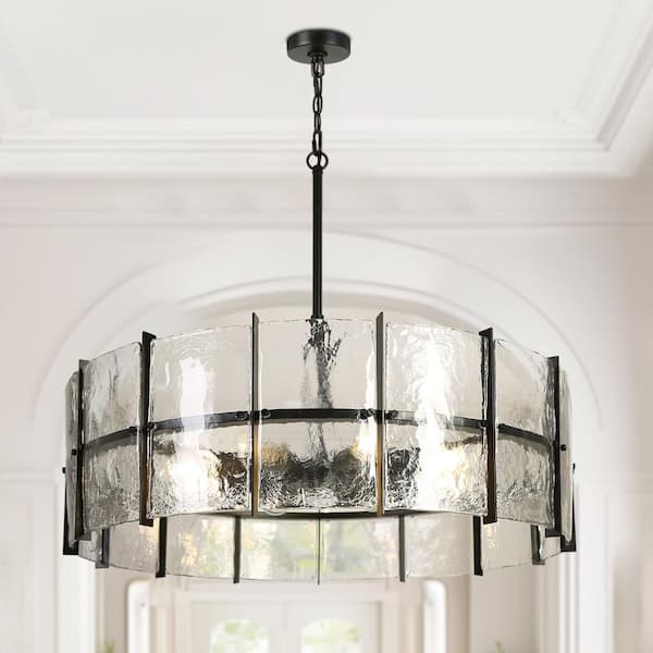 Fiorekaury Modern 31.5 in. 8-Light Black Drum Chandelier with Clear Textured Glass Shade Island Pendant for Living Room
