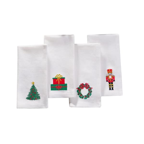 Threadmade Home Holiday Embroidered Napkins, Set of 4, White - 17"W x 17"L