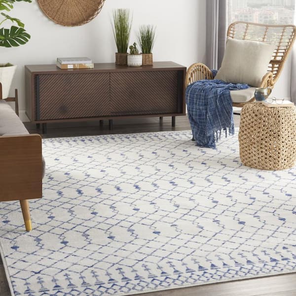 8 ft. x 10 ft. Ivory and Blue Geometric Distressed Non Skid Area Rug