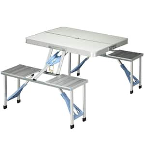 33 in. Rectangle Aluminum Frame Folding Picnic Tables Seats 4-People with Umbrella Hole, Silver