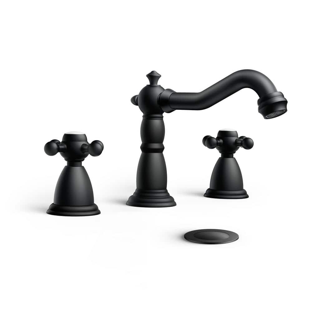 FURUISI 8 in. Widespread Double Handle Bathroom Faucet with Pop Up Drain in Matte Black HH03034B ...