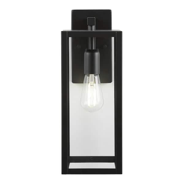 Hurley 16 in. 1-Light Modern Black Hardwired Outdoor Wall Light Lantern Sconce with Clear Glass Shade