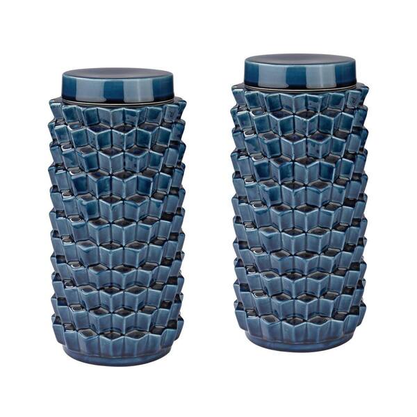Titan Lighting 12 in. Earthenware Accordion Crackled Decorative Jars in Blue (Set of 2)