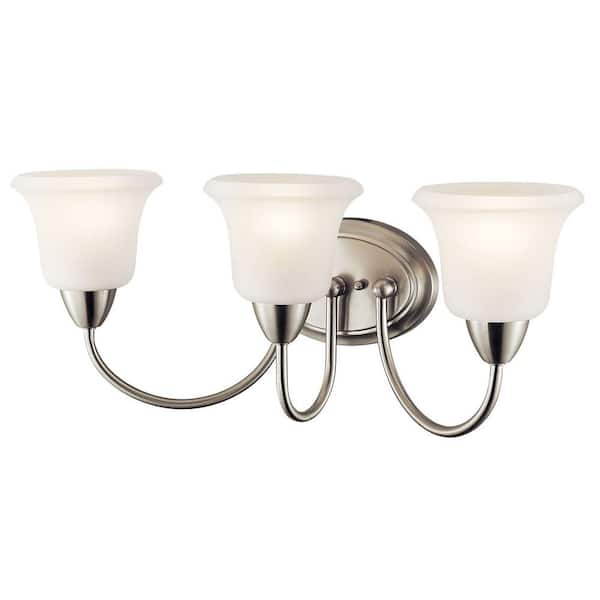 Nicholson 24 in. 3-Light Brushed Nickel Transitional Bathroom Vanity Light with Satin Etched Glass