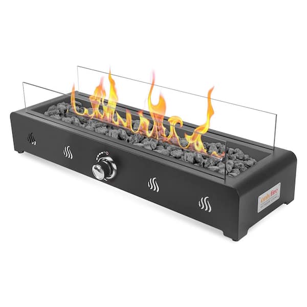 onlyfire Rectangular Tabletop Gas Fire Pit with Rear Air Inlet/Glass Wind Guard/Lava Rock/Black (30 in. x 12 in. x 6 in. H)