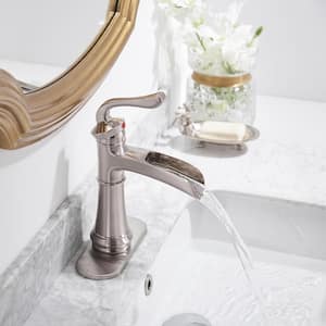 Single-Handle Low-Arc Single Hole Waterfall Bathroom Faucet with Supply Line in Brushed Nickel