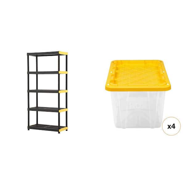 36 in. W 5-Shelf Black Plastic Shelving Unit, 27 Gal. Clear/Yellow Storage Tote (4-Count) Combo