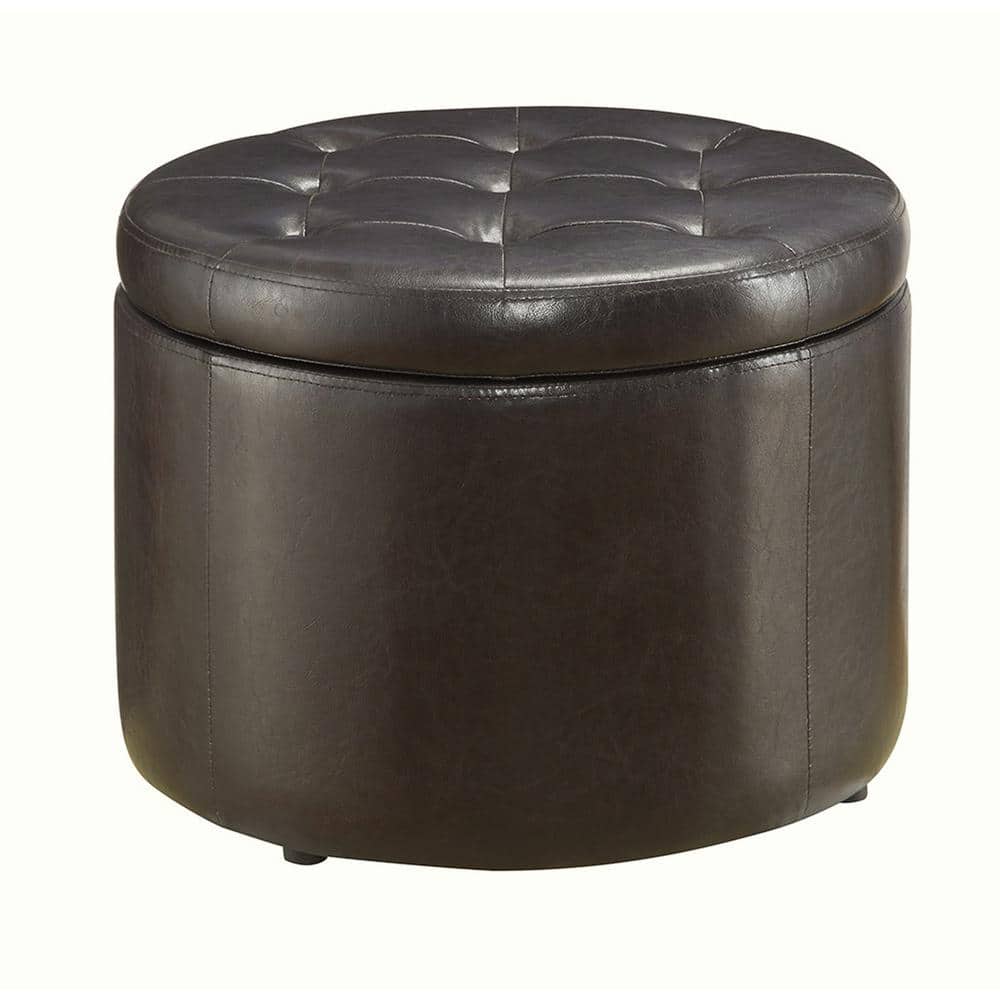 Espresso Faux Leather Tufted Round Storage Ottoman, 22-inch
