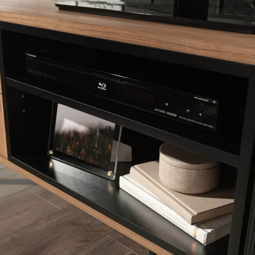 Serene Walnut and Black Modern TV Credenza with Cabinet