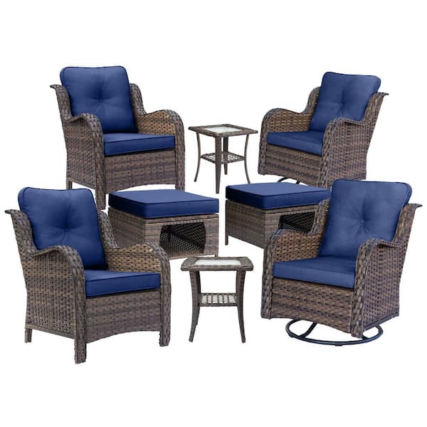 Brown 8-Piece Wicker Patio Swivel Chairs Outdoor Lounge Chairs Storage Ottoman Side Table with Navy Blue Cushions