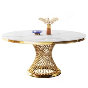 Roesler Luxury White Gold Round 59 in. Sintered Stone with Gold Stainless Steel Metal Pedestal Dining Table Seats 6