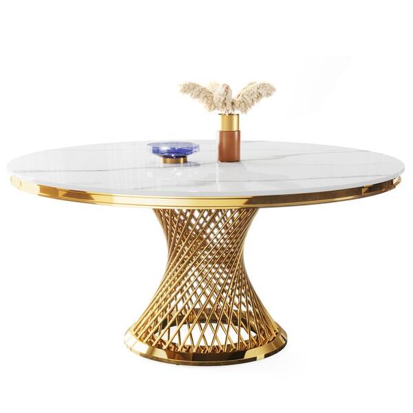 BYBLIGHT Roesler Luxury White Gold Round 59 in. Sintered Stone with Gold Stainless Steel Metal Pedestal Dining Table Seats 6