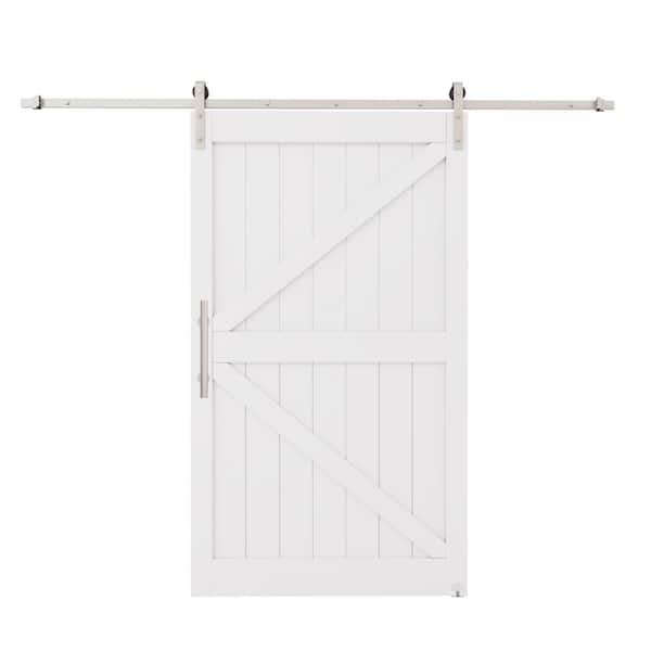 ARK DESIGN 48 in. x 84 in. Paneled White Primed MDF British K-Shape MDF Sliding Barn Door with Hardware Kit Nickel-Plated
