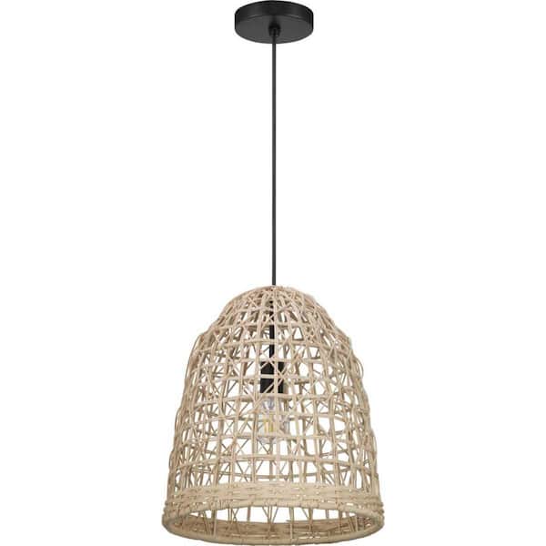 Jocassee 1-Light Matte Black Pendant Light with Rattan Shade