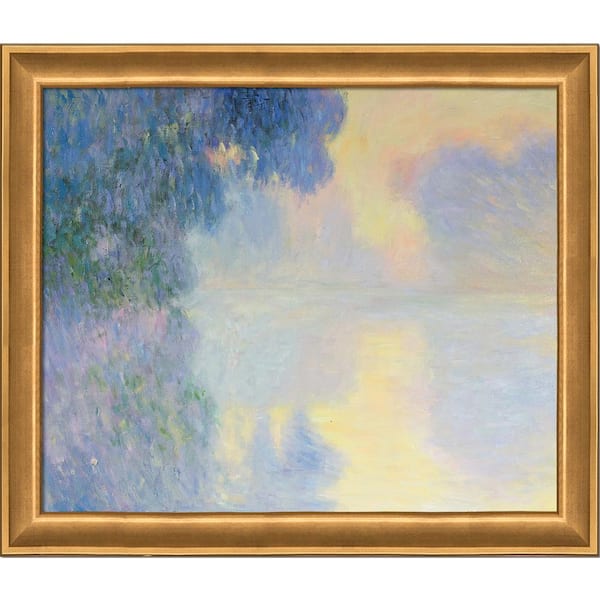 LA PASTICHE Misty Morning on the Seine, Sunrise by Claude Monet Muted Gold Glow Framed Nature Oil Painting Art Print 24 in. x 28 in.